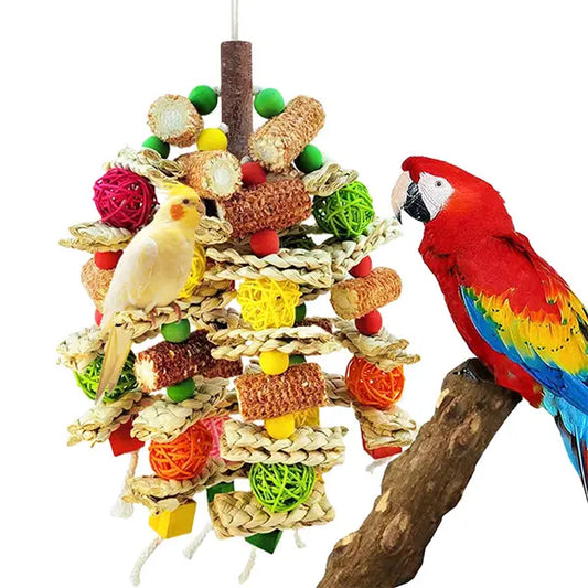 Handmade Medium-Large Bird Chew Toys, Corn Cob & Loofah Design with Corn Husk Texture, Essential Chewing Stimulation, Soft-Hard Balance & Easy Installation for Large Parrots (Colorful)